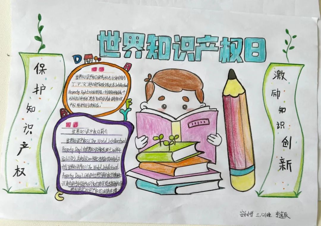 课后,同学们借助画笔以手抄报的形式,积极宣传知识产权保护内容;除此