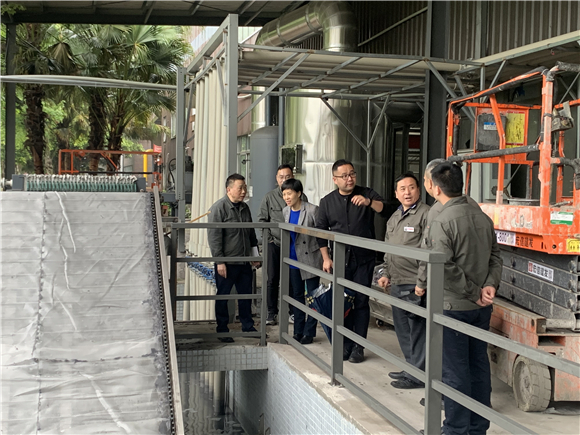 重庆高新区生态环境局副局长罗雪雅（左三）、大气科科长杨文睿（左四）调研隆鑫环保减排改造项目，向企业“送政策、送服务、送资金”。重庆高新区生态环境局供图 华龙网发